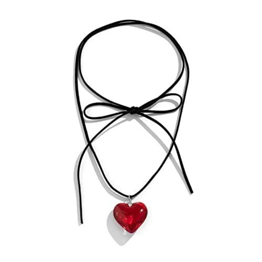Red Glass Heart Pendant Long Black Cord Wrap Choker Necklace‎ Coquette Y2K